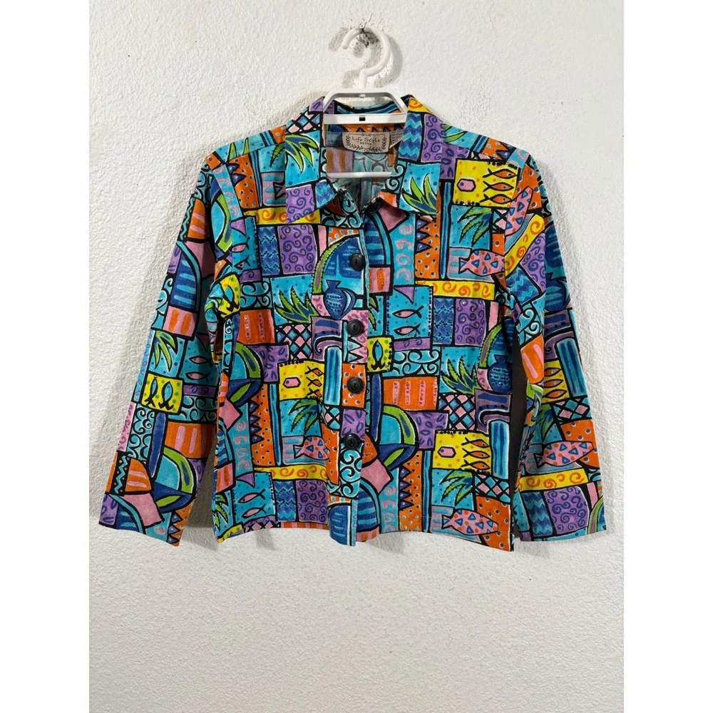 Life Style Jacket‎ Womens PM Multicolor Beaded Tropical Fish Novelty Print Arsty